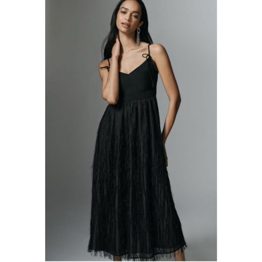 En Saison Roza Fringe Midi Dress Black A-Line V-Neck Tie Strap NWT medium